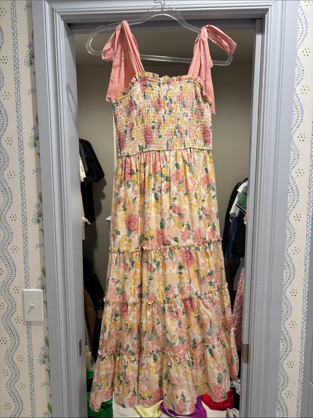 Storia Pink and Yellow Floral Tiered Midi Dress